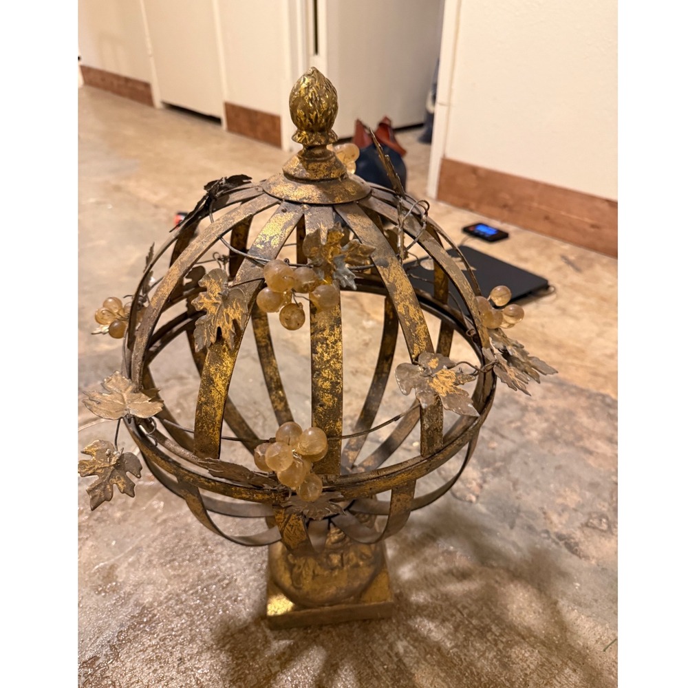 Vintage Gold Metal Orb Topiary Grape Vine Decorative Sculpture Pedestal Finial